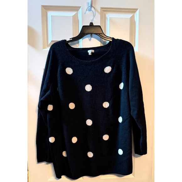 Halogen Cashmere Size 2X Dark Navy Black White Polka Dot Crew Neck Sweater - Picture 1 of 7